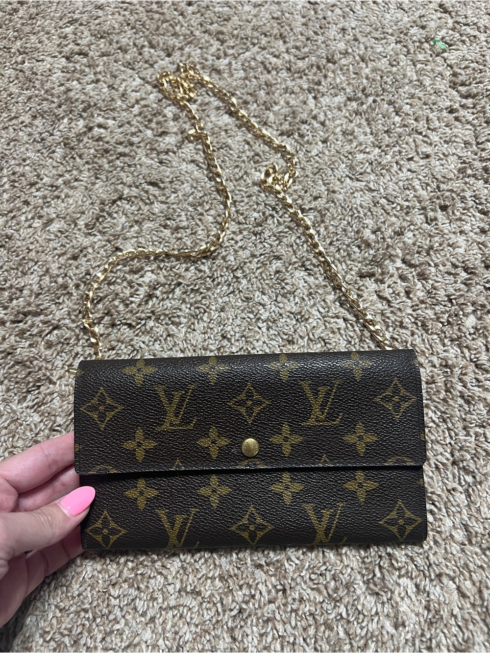 Louis Vuitton Monogram Chain Wallet in Brown with Gold Hardware